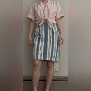 Vintage Striped Blue and White Knee-Length Denim Skirt